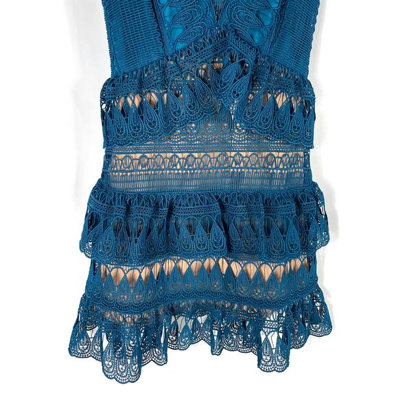 Self-Portrait Guipure Lace Mini Dress Teal Tiered Sleeveless Teardrop Sz 2 - Picture 7 of 16